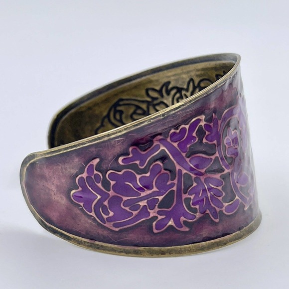 Vintage Cuff Bracelet Boho Chunky Vine Leaves Purple Floral Jewelry Brass Tone - Picture 5 of 7